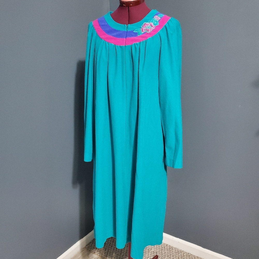 Shadowline Teal Housecoat Nightgown Robe Zipper Front 80s Grannycore Size L